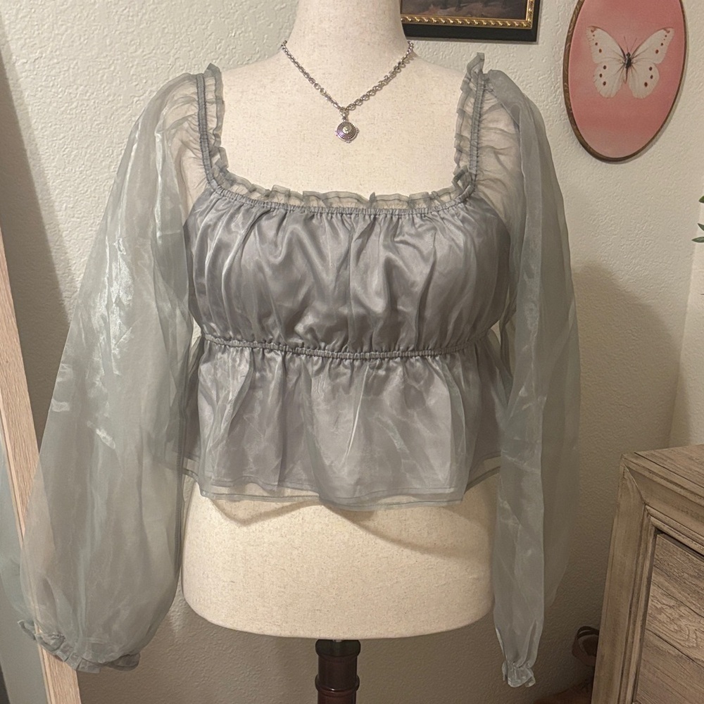 Le Lis Elegant Gray Cropped Blouse with Sheer Sleeves